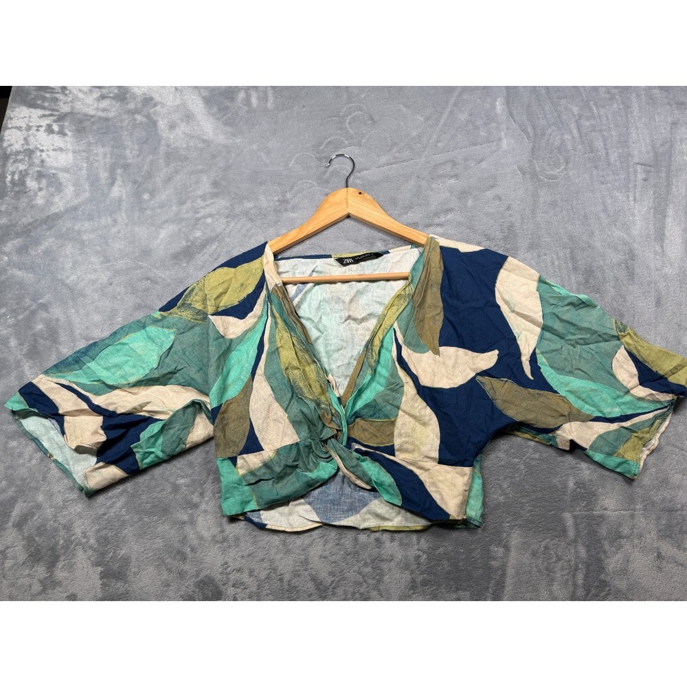 Zara Crop Blouse Top Womens Medium Multi Abstract Leaf-Print Casual Twist-Front